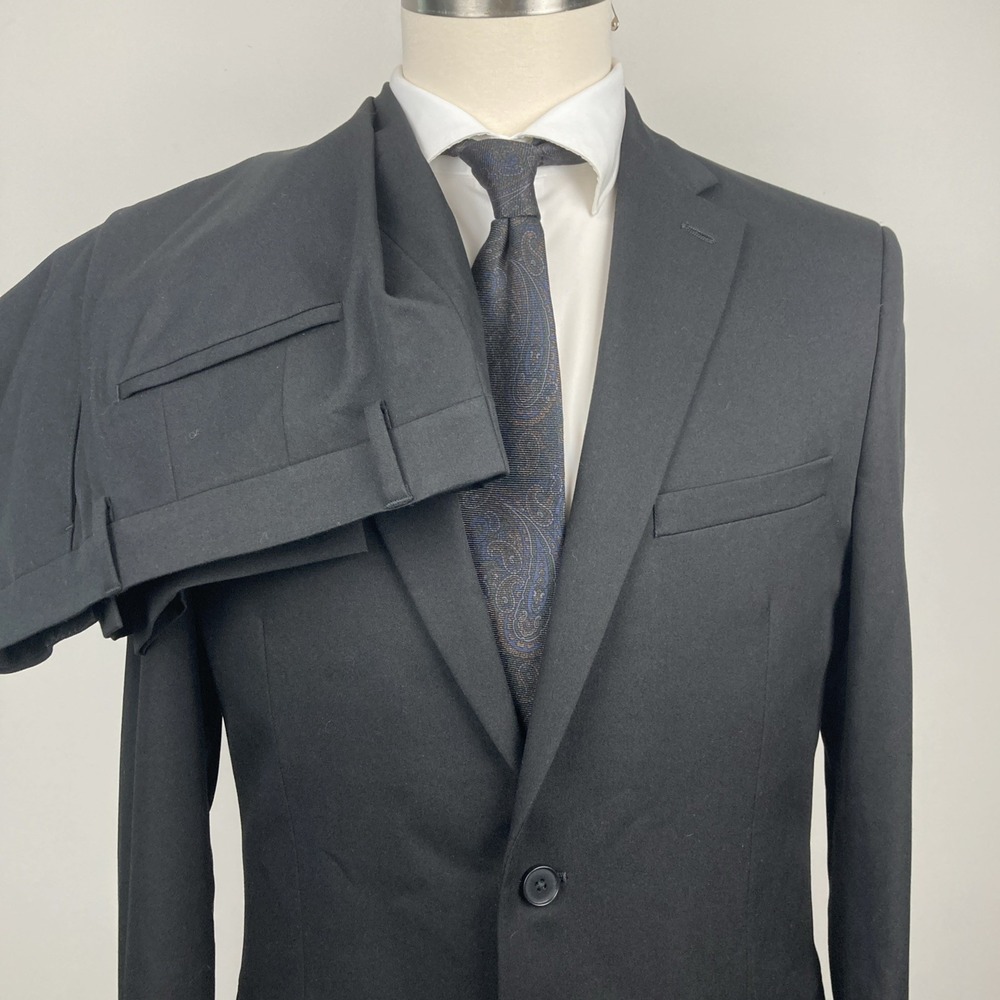 DKNY Mens Modern fit 2-pc Suit 40L 33W 32L Black Solid Stretch - Picture 3 of 12